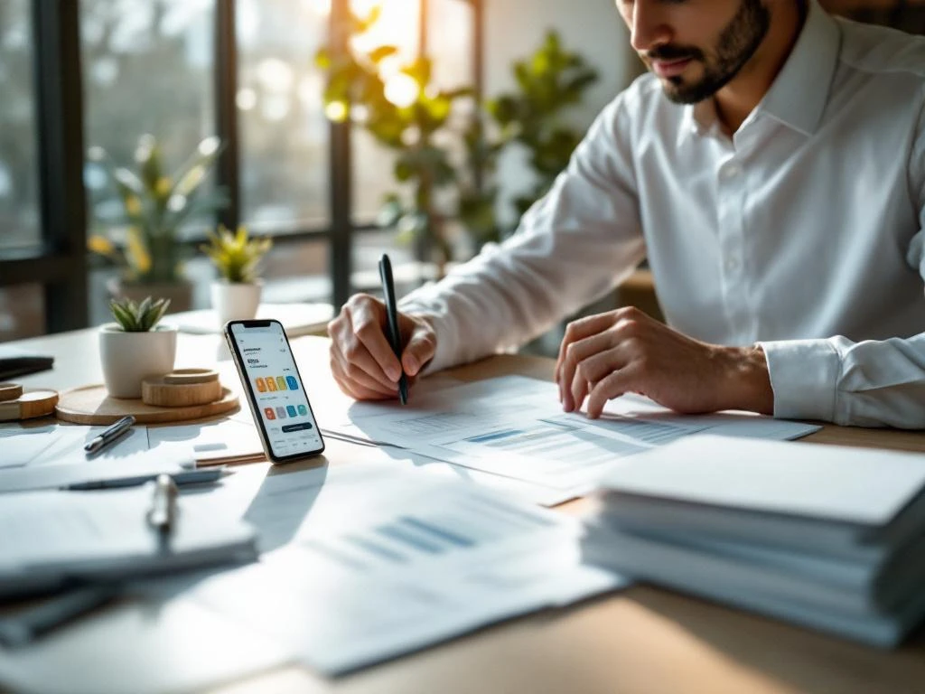 Jonge ondernemer bestudeert projectdocument aan modern bureau met smartphone, koffie en plantje bij raam