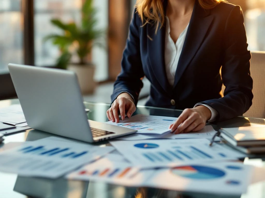Zakenvrouw analyseert personeelsplanningsgrafieken op moderne vergadertafel met laptop en analytics data