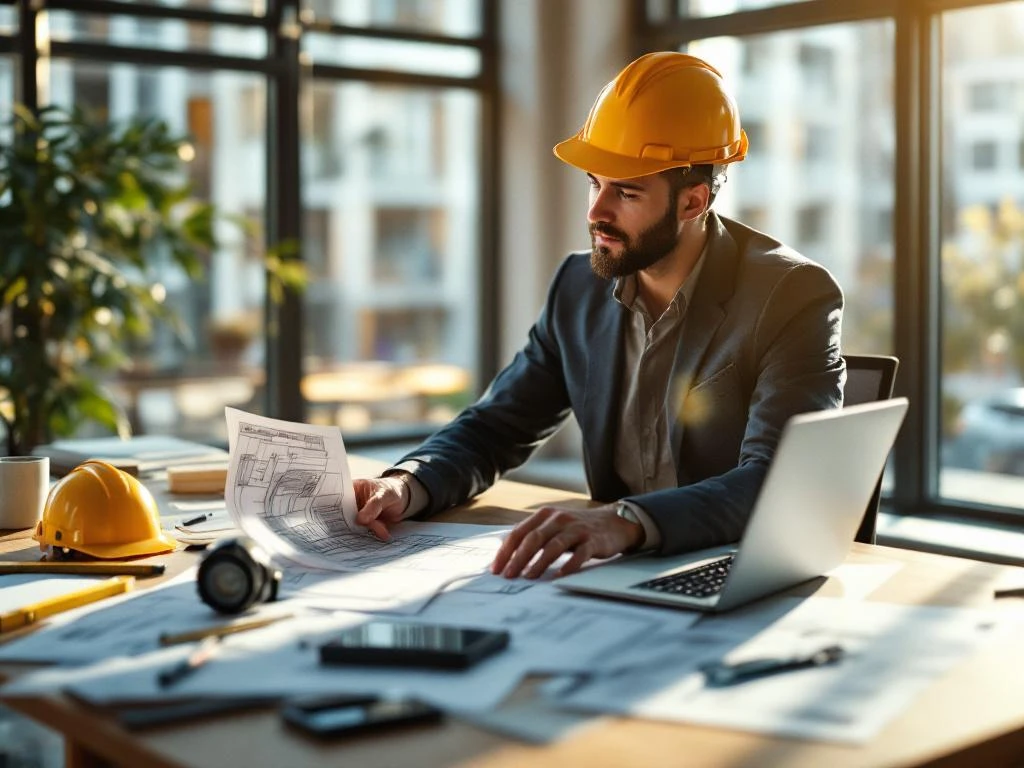 Projectmanager bekijkt bouwplannen aan bureau met laptop, helm en meetgereedschap in modern kantoor met natuurlijk licht