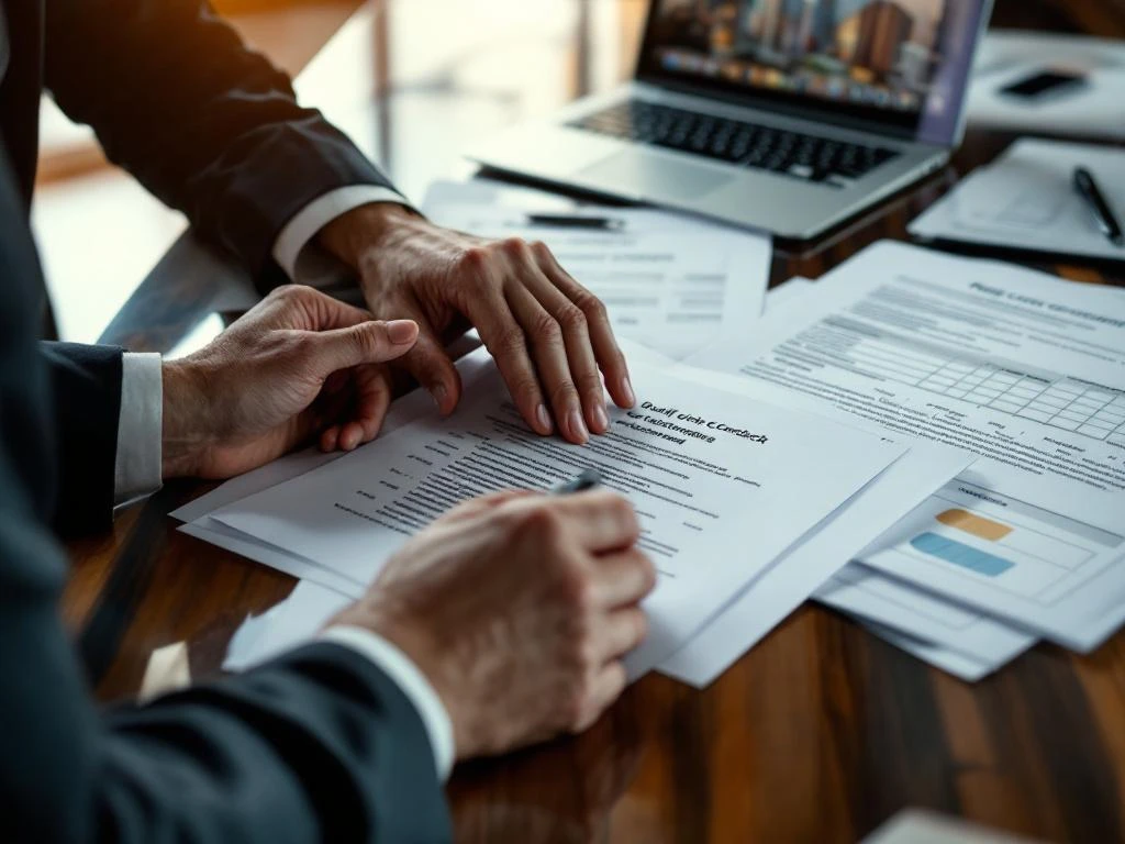 Projectmanager bekijkt documentatie en contracten op vergadertafel met laptop en kwaliteitscontrolelijsten
