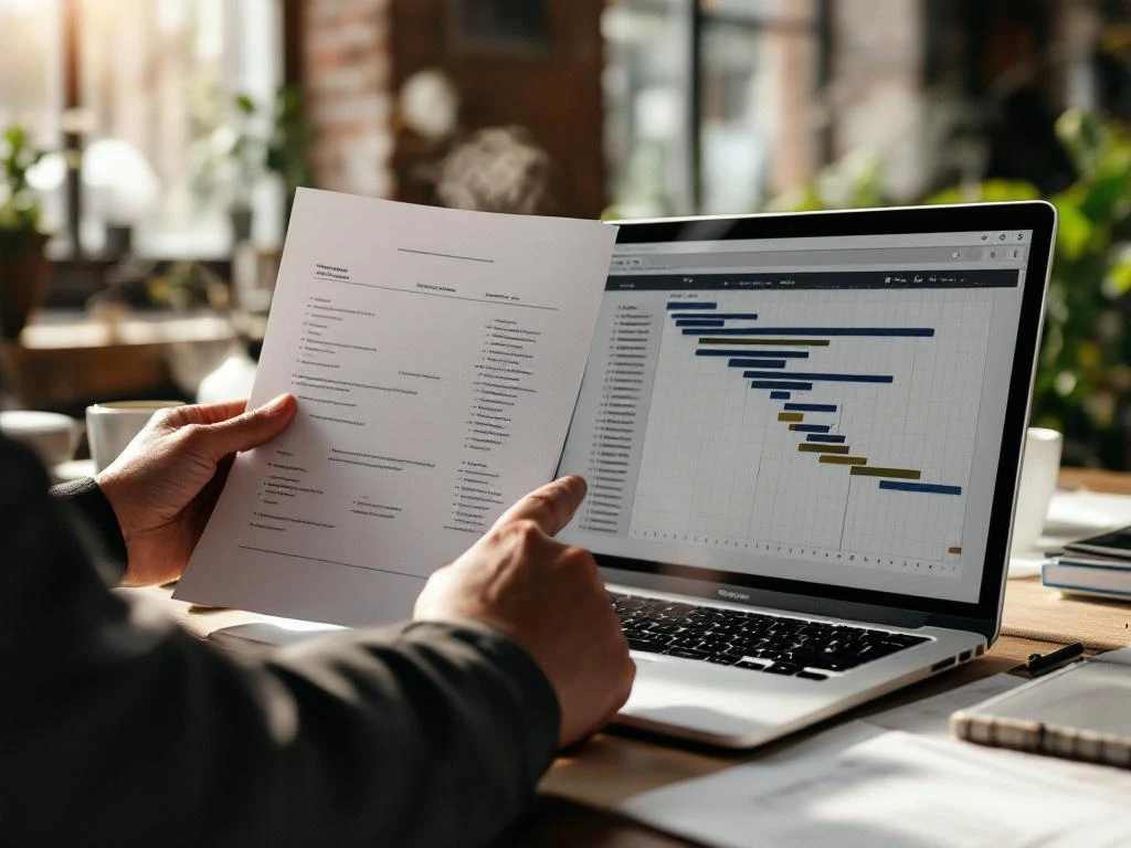 Projectmanager houdt Gantt-diagram vast en wijst naar laptopscherm met projecttijdlijn op modern kantoorbureau