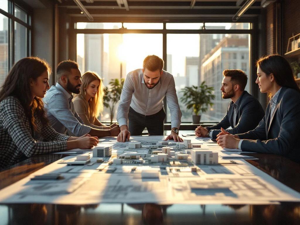 Architect presenteert stedelijke ontwikkelingsplannen aan stakeholders rond conferentietafel met blauwdrukken en 3D-modellen