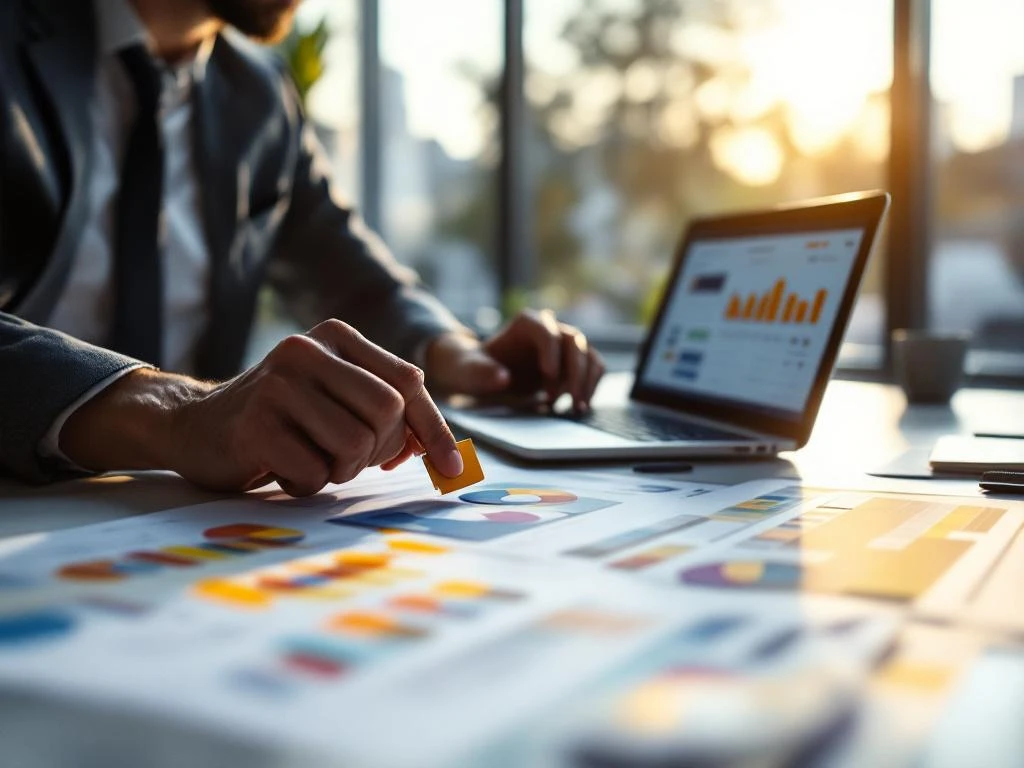Bedrijfsmanager organiseert kleurrijke medewerkersplanningen op modern bureau met laptop en analytics op achtergrond