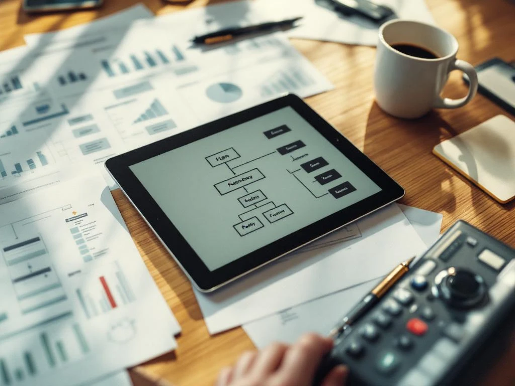Tablet met werkstroomdiagram op bureau met organisatiekaart, planningsdocumenten, koffiekop en pen in kantooromgeving