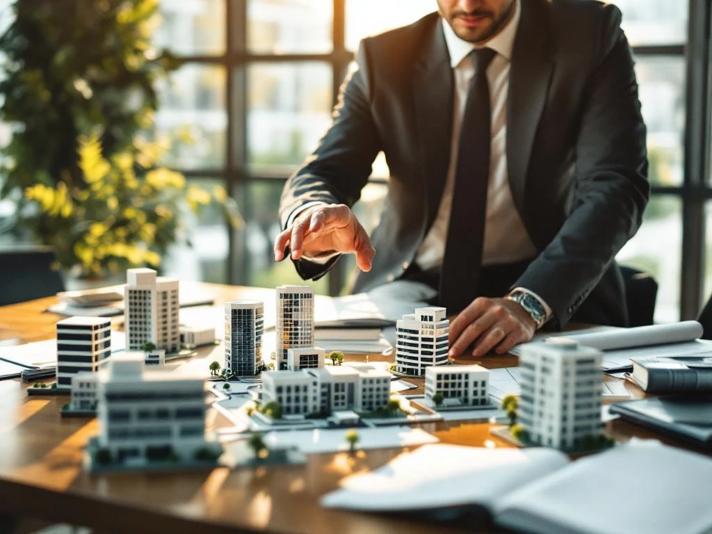 Bedrijfsconsultant analyseert kantoorgebouwmodellen op vergadertafel voor strategische bedrijfsbeslissingen