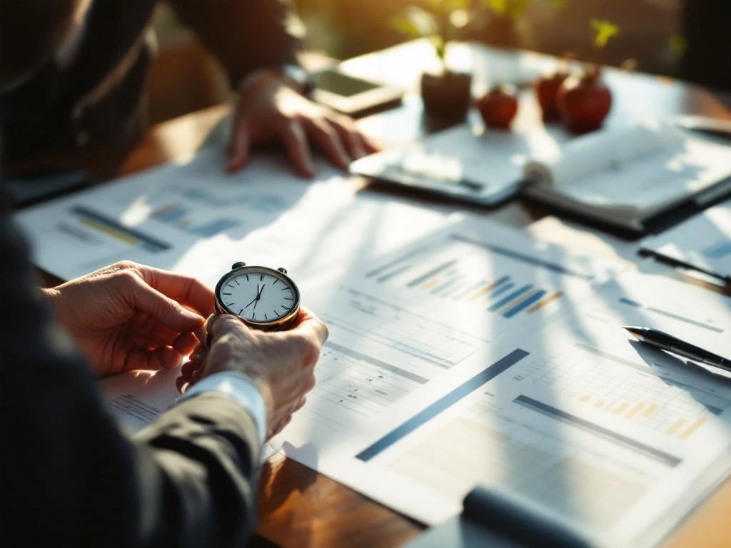 Zakelijke consultant houdt stopwatch vast boven verspreide planningsdocumenten en kalenders op mahonie bureau
