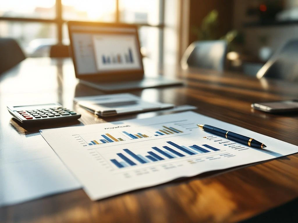Zakelijk voorstel op conferentietafel met calculator, pen en financiële grafieken, laptop toont planningssoftware