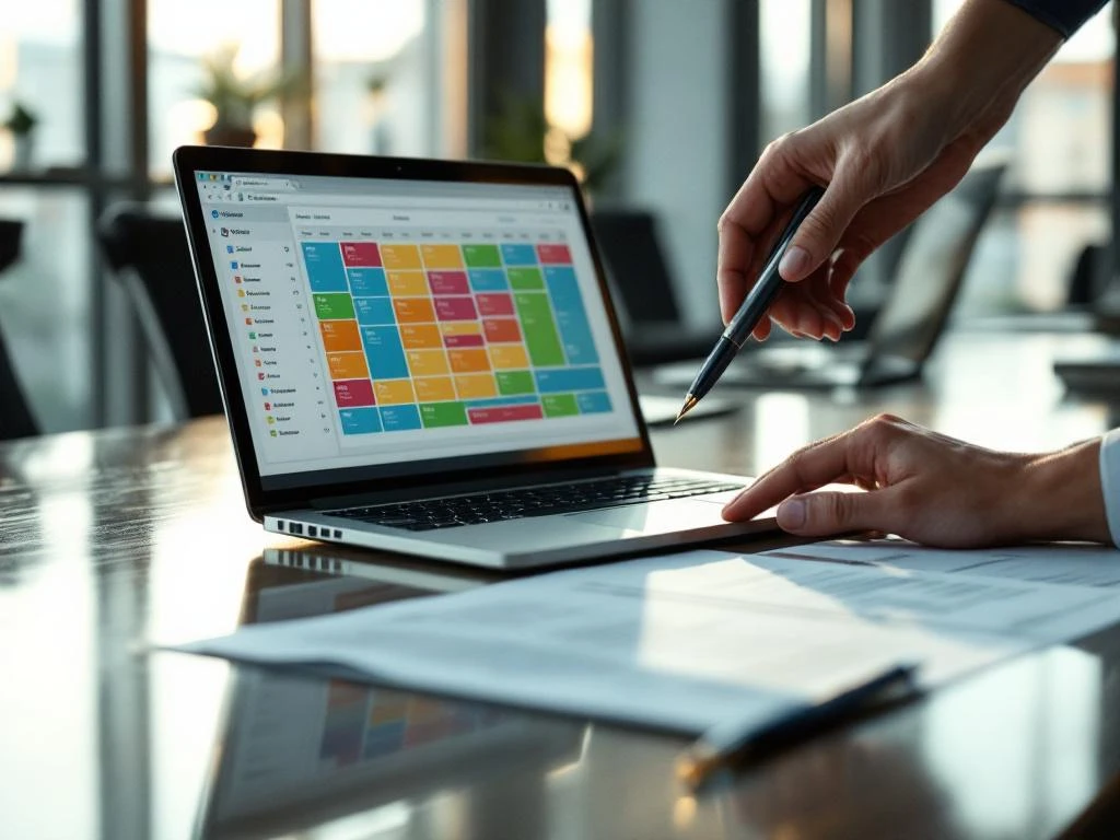 Laptop met kleurrijke planningssoftware en zakelijk contract op vergadertafel, handen reiken naar beide opties