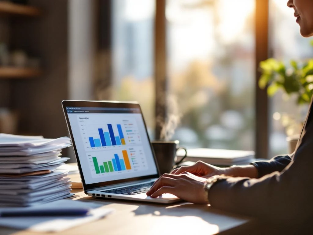 Zakelijke professional werkt geconcentreerd aan laptop met digitaal planningsdashboard op georganiseerd bureau