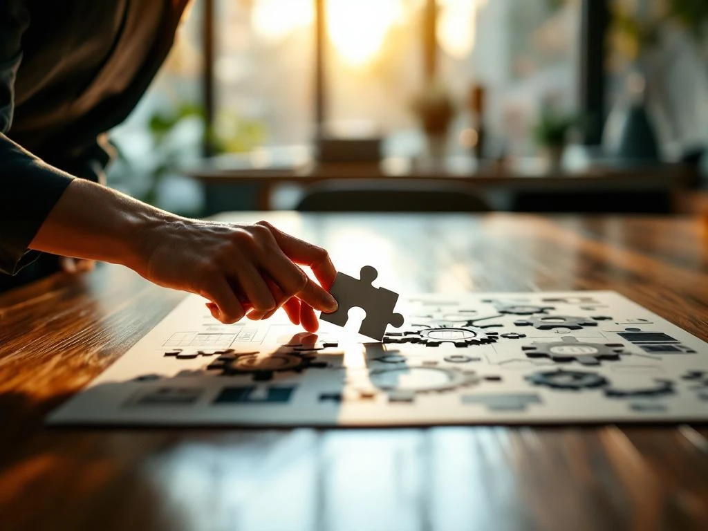 Zakenvrouw plaatst laatste puzzelstuk van werkstroomdiagram met tandwielen op vergadertafel in kantoor