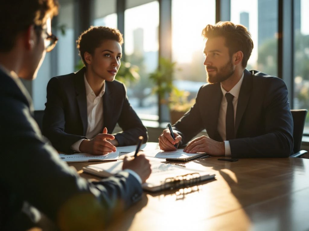 Twee professionals in zakelijke vergadering aan conferentietafel, één persoon maakt notities terwijl ander spreekt