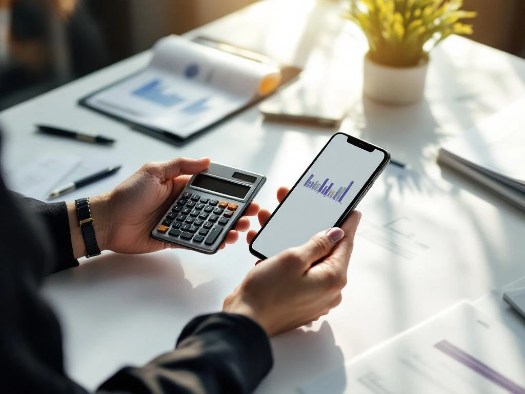 Zakelijke vrouw houdt calculator en smartphone met planning-app boven bureau met facturen en documenten