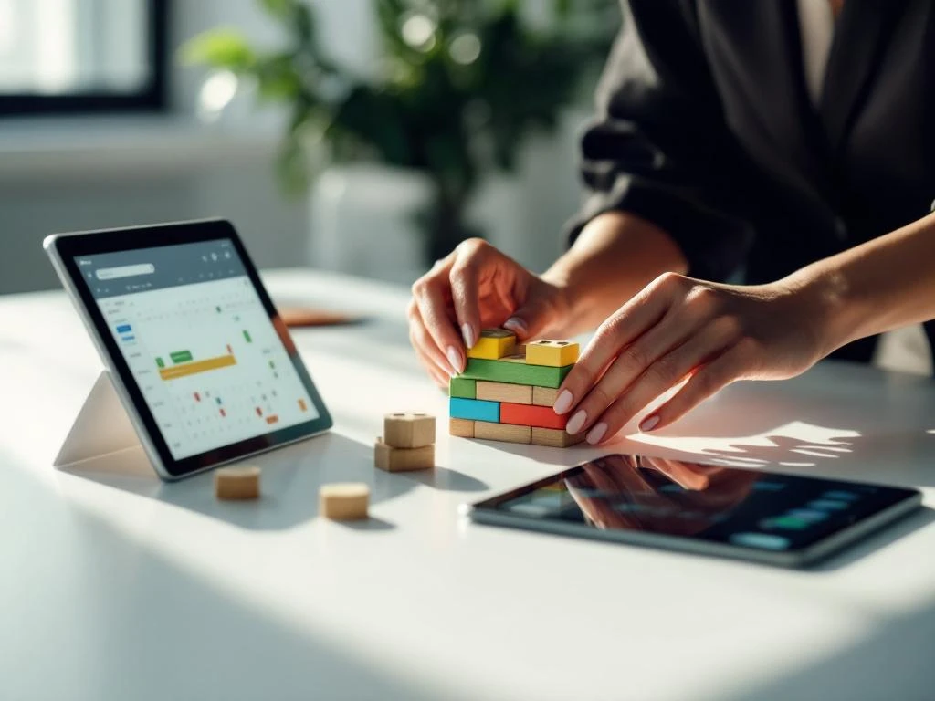 Zakenvrouw arrangeert kleurrijke houten blokken in werkstroom patroon op witte vergadertafel met tablet