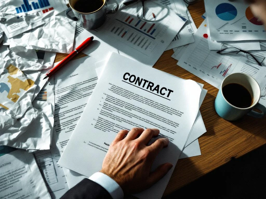 Zakenman aarzelt over complex contract met kleine lettertjes, rode pen ongebruikt naast verspreide planningsdocumenten