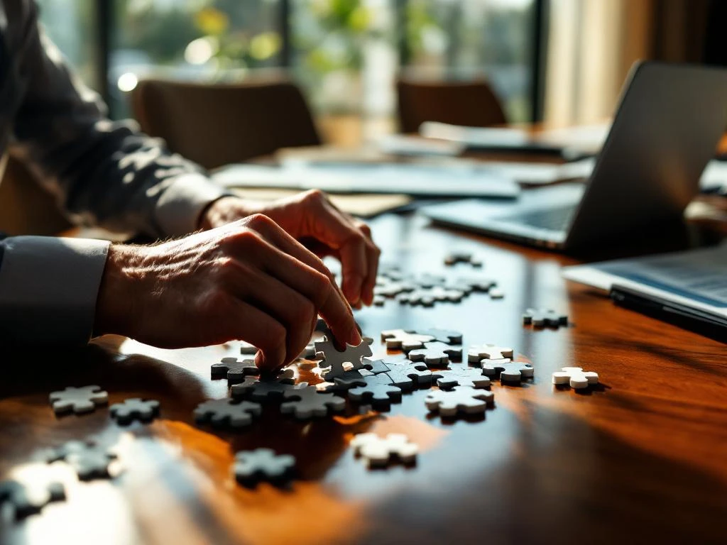 Zakenman assembleert puzzel op mahonie vergadertafel met laptop en documenten, zonlicht door ramen