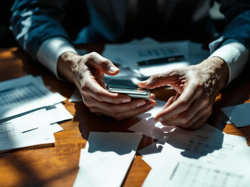 Zakenman houdt smartphone met digitale agenda-app vast boven verspreide papieren planningsdocumenten op mahonie bureau