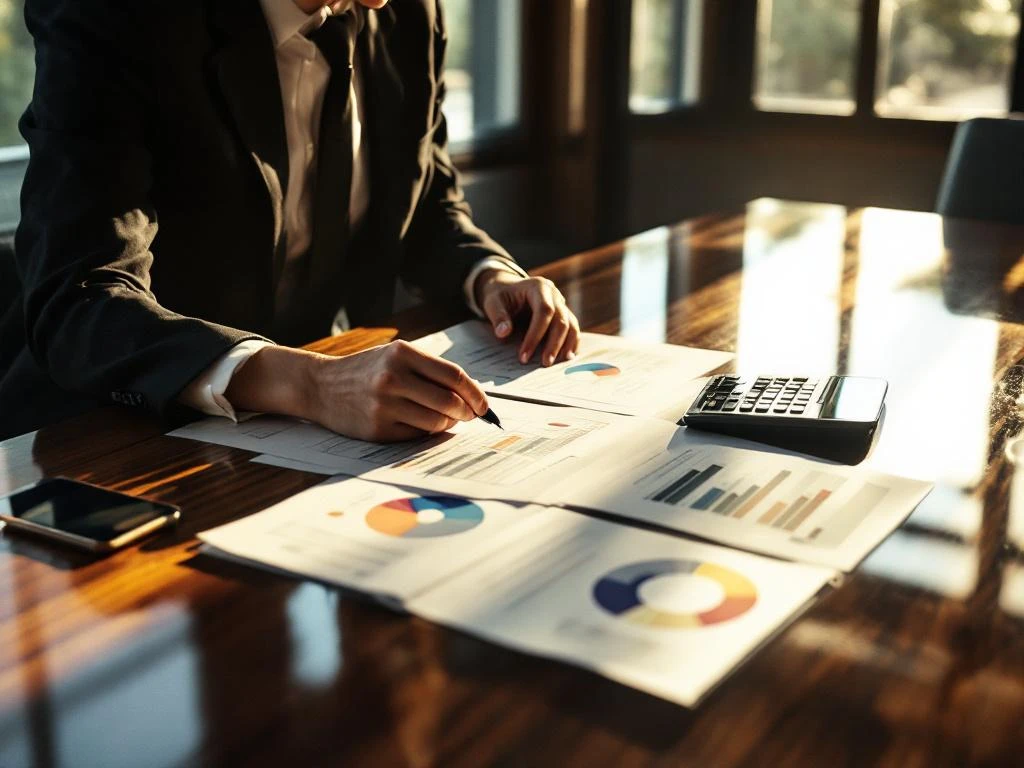 Zakenvrouw in pak analyseert financiële documenten aan conferentietafel met calculator en smartphone