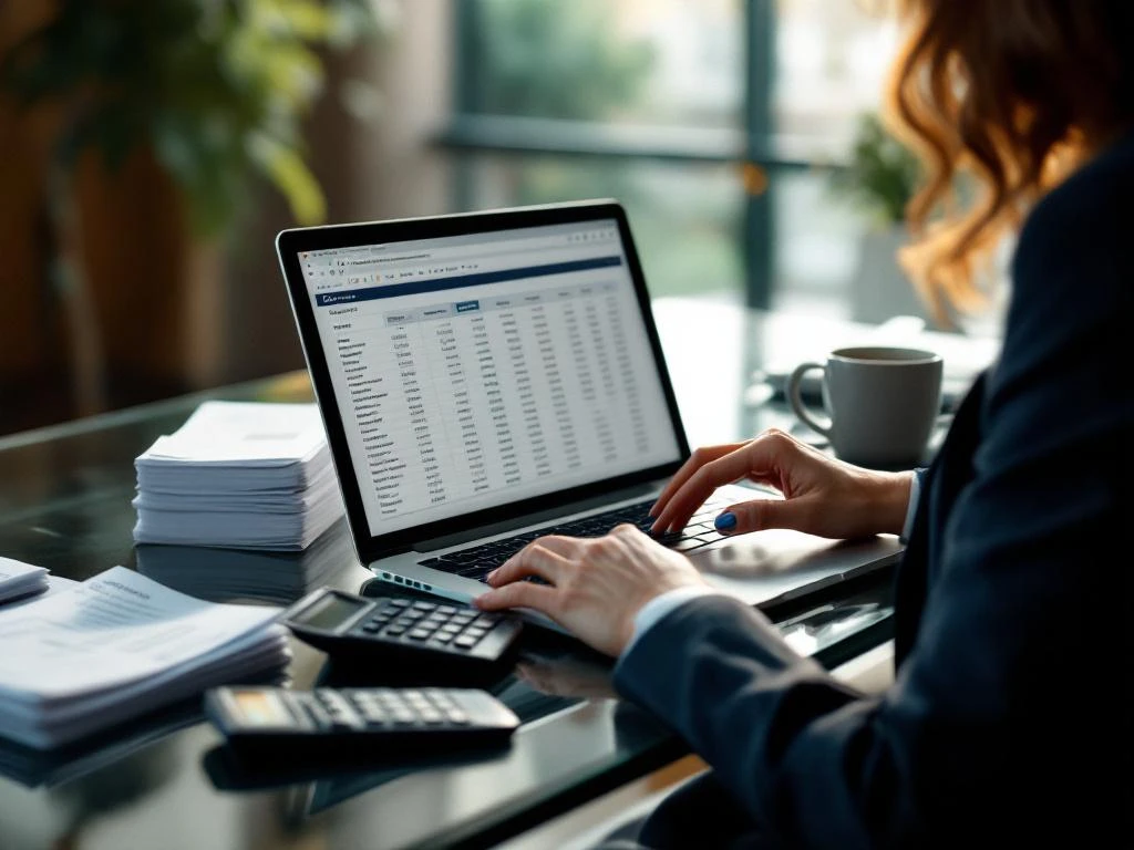 Zakenvrouw analyseert kostenanalyse op laptop met rekenmachine en facturen op glazen bureau