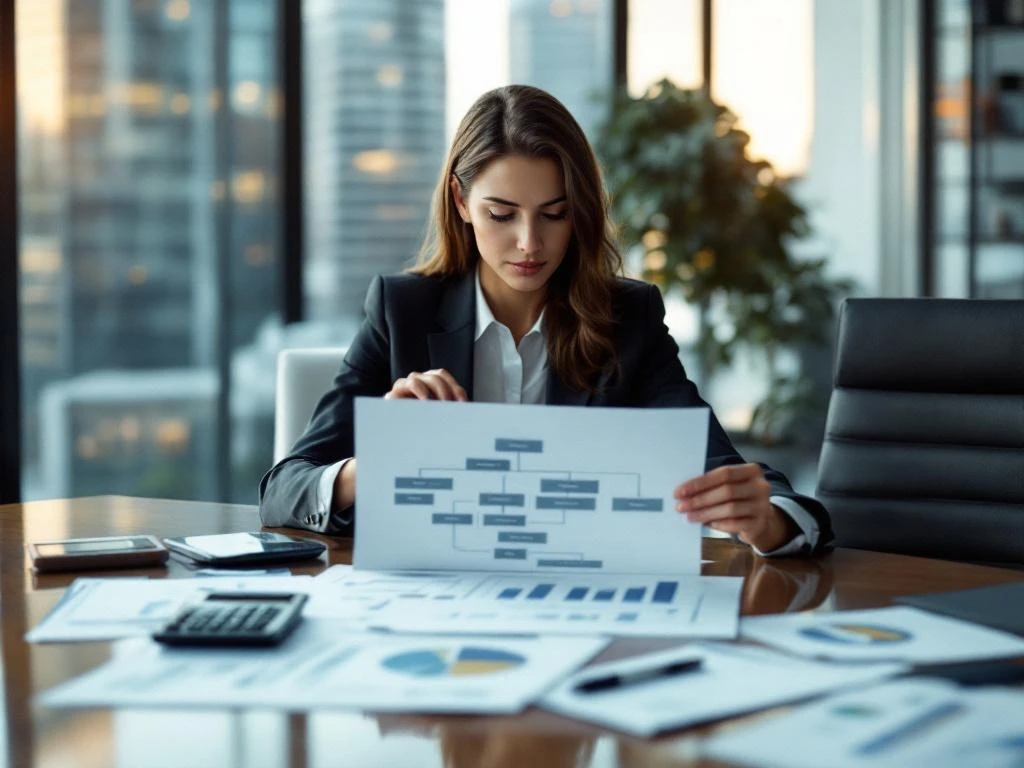 Zakenvrouw in pak analyseert organisatieschema's aan conferentietafel met calculator en planningsdocumenten