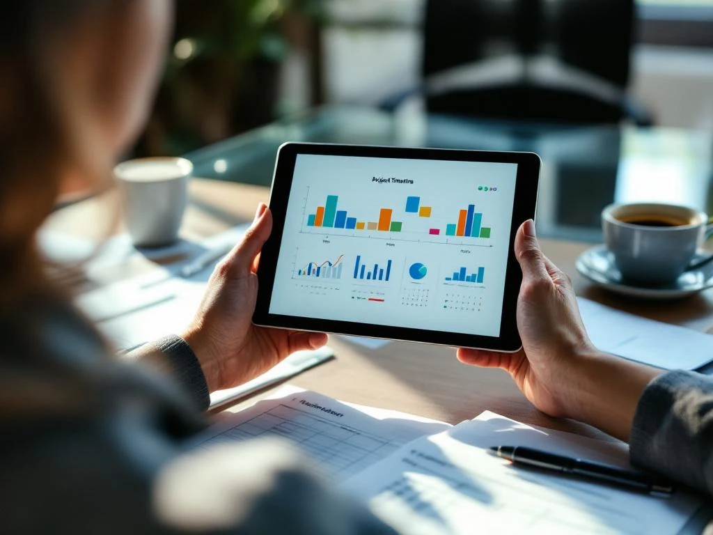 Zakenvrouw houdt tablet met kleurrijke projecttijdlijn vast boven bureau met papieren planners en koffiekopje