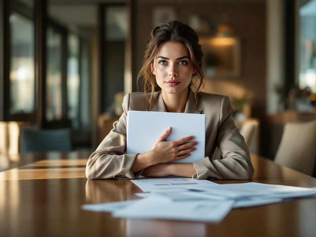 Professionele zakenvrouw houdt vertrouwelijke documenten vast aan moderne vergadertafel in kantooromgeving