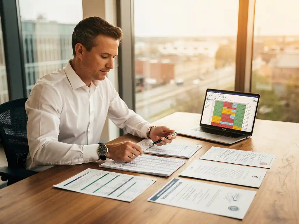 Interim planner bekijkt werkroosters en arbeidsrechtelijke documenten op eiken bureau met laptop en Nederlandse certificaten