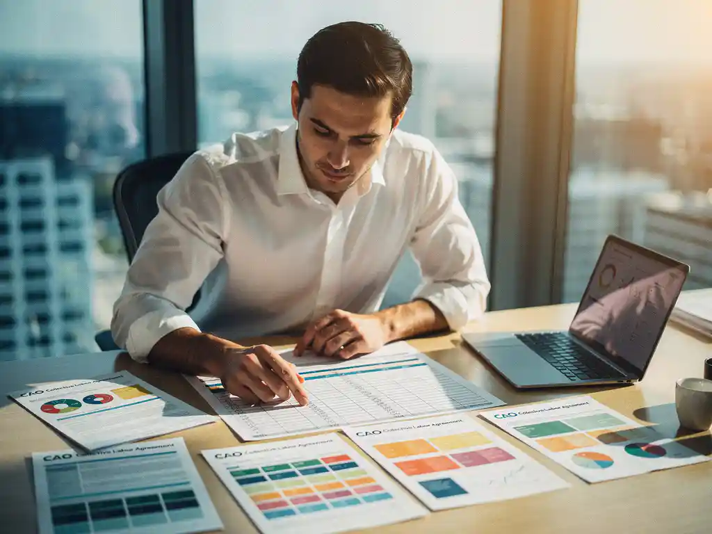 Professionele interim planner bestudeert werkschema's en CAO-documenten aan moderne kantoorbureau met laptop en kleurrijke planningsgrafieken
