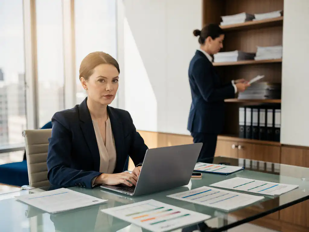 Interim planner in donkerblauw jasje werkt aan laptop op glazen bureau terwijl vaste medewerker bestanden organiseert op achtergrond