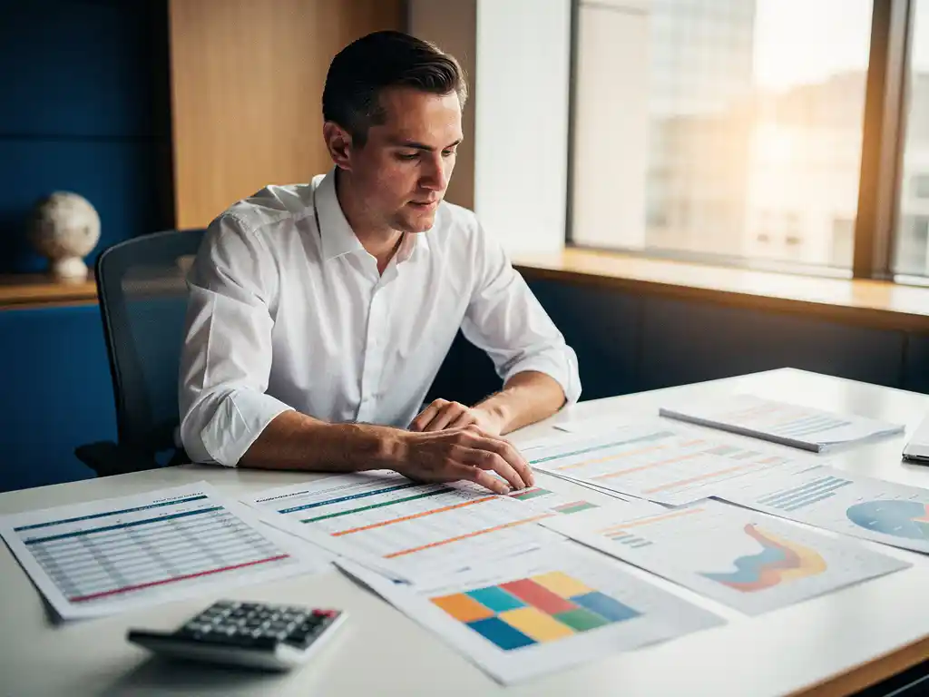 Interim planner in wit overhemd analyseert kleurrijke personeelsplanningsgrafieken op modern bureau met rekenmachine