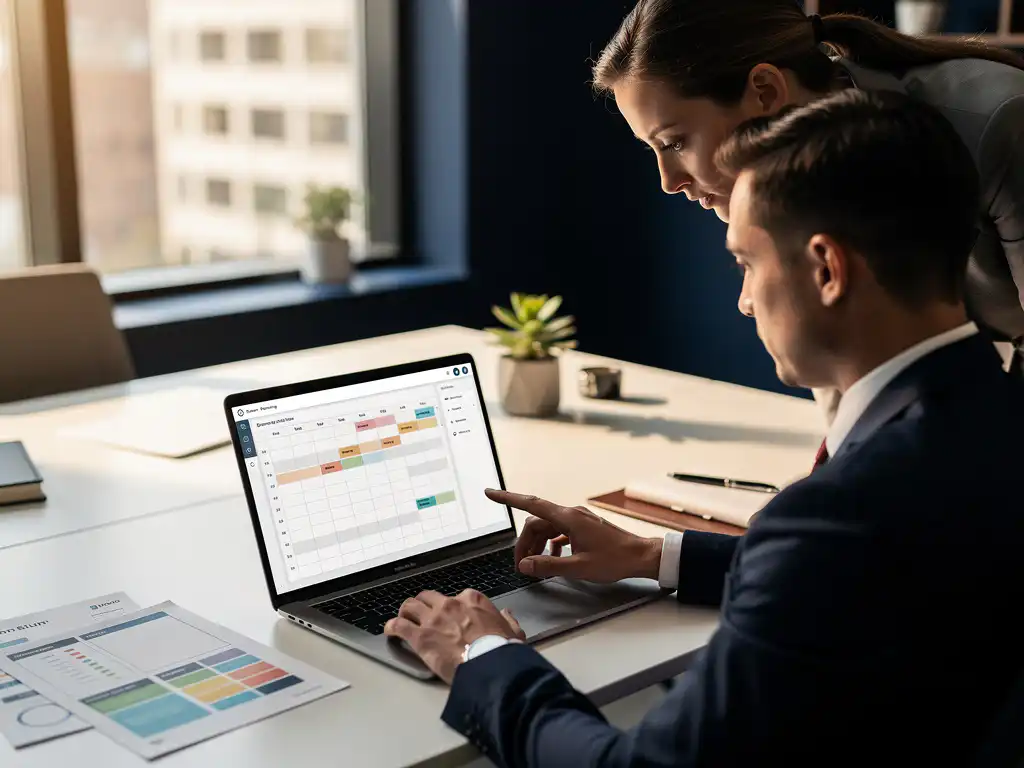 Professionele interim planner wijst naar kalenderroosters op laptopscherm tijdens overleg met collega aan modern bureau