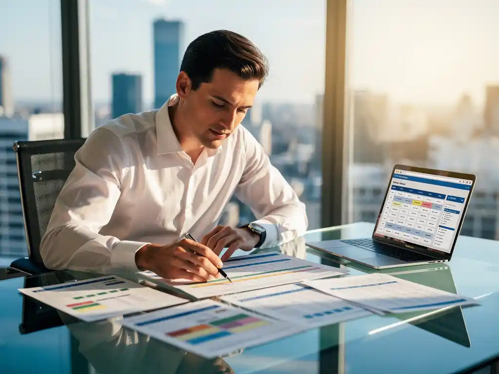 Interim planner in wit overhemd bekijkt planningsgrafieken aan glazen vergadertafel met laptop en kleurrijke documenten