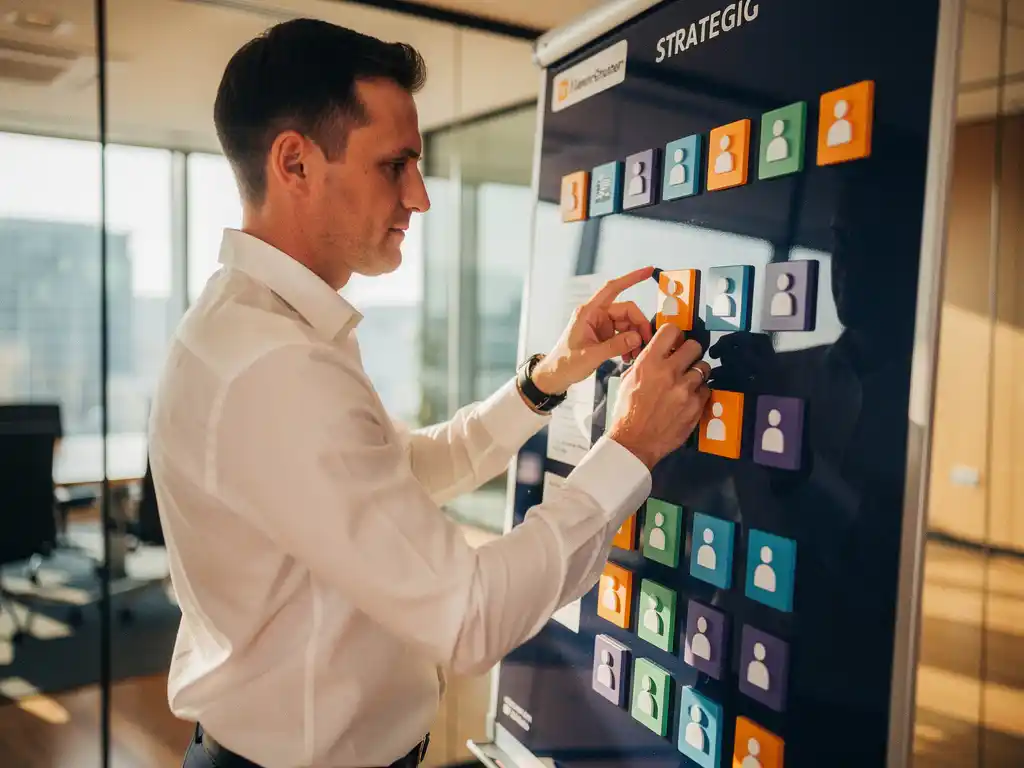 Interim planner organiseert kleurrijke magnetische personeelsblokken op strategisch planningsbord in moderne kantooromgeving