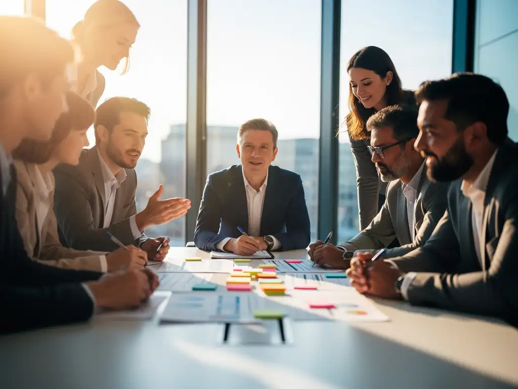 Interim planner en diverse teamleden bespreken kleurrijke sticky notes en planningsdocumenten aan moderne vergadertafel