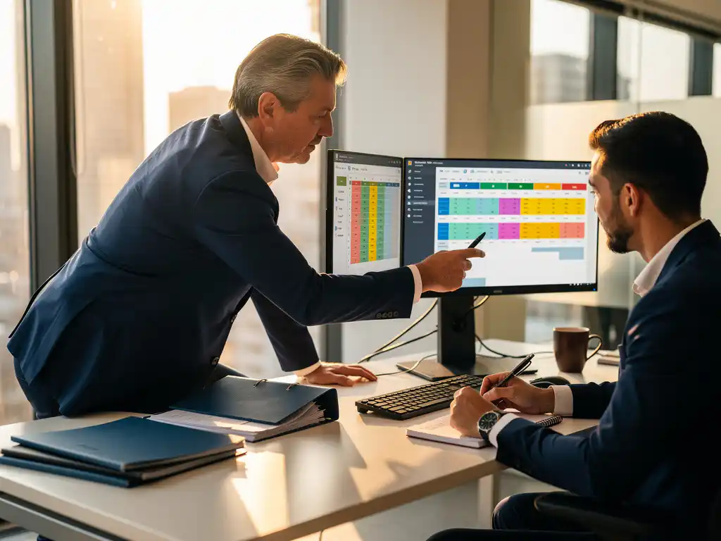 Ervaren interim planner begeleidt nieuwe medewerker bij workforce scheduling software op dual monitors, wijzend naar planningschema's terwijl trainee aantekeningen maakt