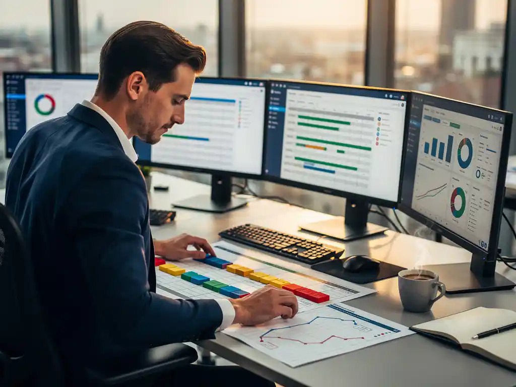 Professionele interim planner organiseert kleurrijke planningsblokken op modern bureau met meerdere monitoren en dashboards