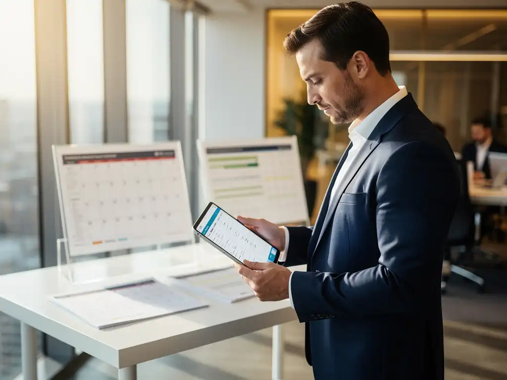 Interim planner in marineblauw pak bekijkt personeelsplanningen op tablet in modern kantoor met planning grafieken op wit bureau