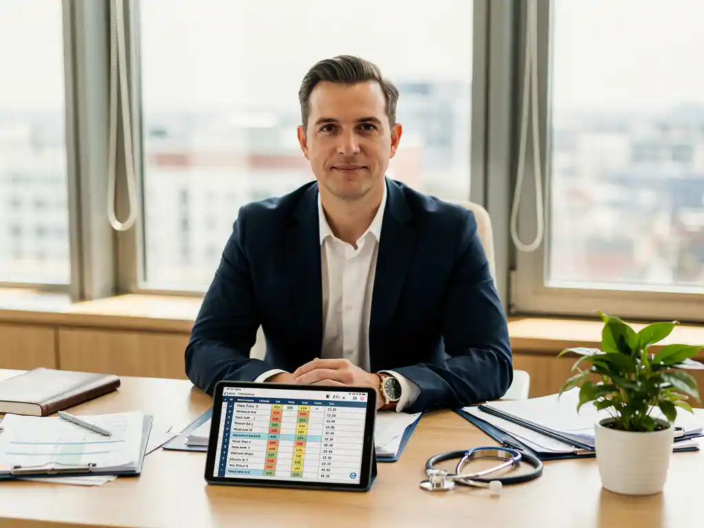 Interim planner bekijkt personeelsschema's op tablet aan bureau in moderne zorgfaciliteit met medische dossiers en stethoscoop