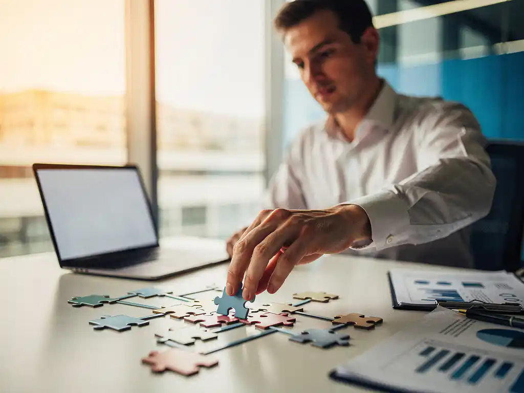 Consultant plaatst laatste puzzelstuk van organisatieschema op modern kantoorbureau met laptop en documenten