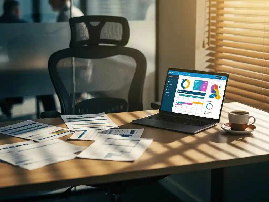 Lege ergonomische bureaustoel achter bureau met personeelsplanningsdocumenten, laptop met dashboard en onberoerde koffiekop in zonlicht
