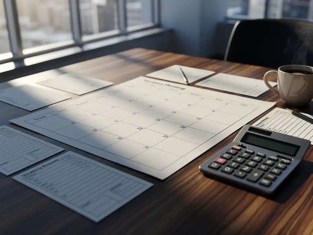 Planningskalender op houten bureau met vakantieaanvraagformulieren, rekenmachine en koffiekop in modern kantoor