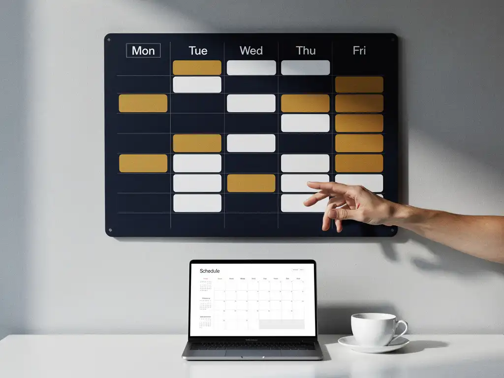 Digitaal weekrooster op kantoorwand met kleurgecodeerde dienstvakken, hand van planner ernaast, laptop en koffiekopje op wit bureau.