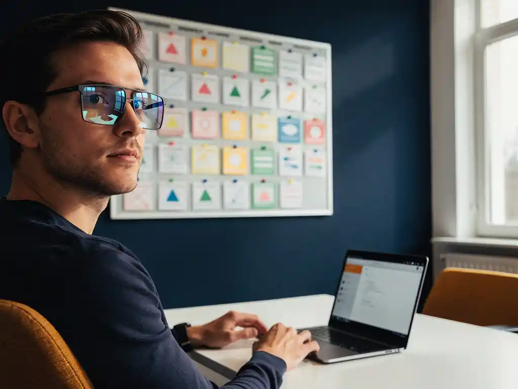 Consultant bestudeert kleurgecodeerd personeelsplanbord met AI-roosterdashboard weerspiegeld in bril, laptop op moderne Nederlandse werkplek.