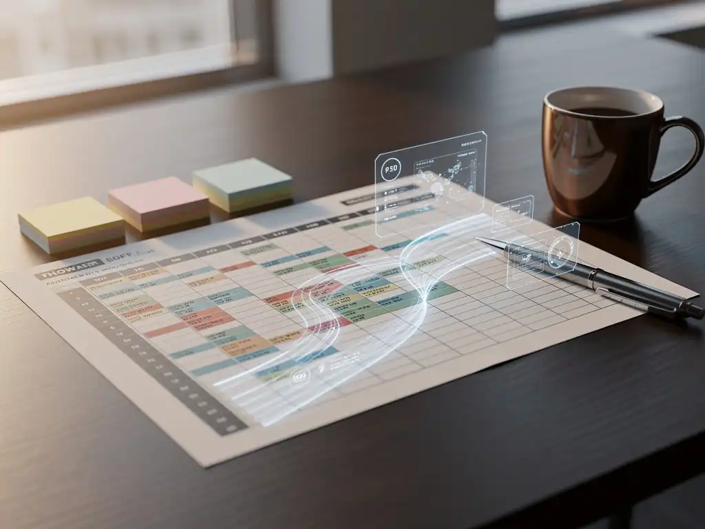 Weekrooster op bureau met gloeiende AI-datastromen, omringd door sticky notes, koffiemok en pen in modern kantoor.