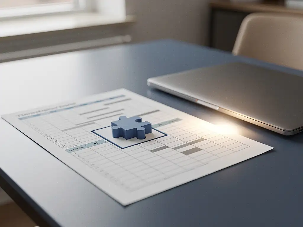 Werkplanner bureau met wekelijks personeelsrooster, laptop en puzzelstuk dat naadloos in het schema past.