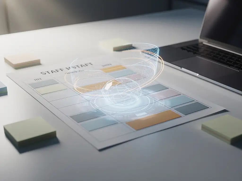 AI-gestuurde lichtpatronen over een kleurgecodeerd weekrooster op een wit bureau, met sticky notes en een open laptop.
