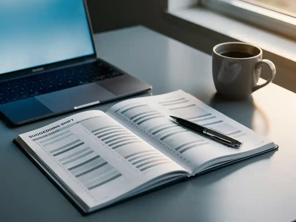 Open planningsagenda op modern bureau met laptop, koffiemok en pen, zachte natuurlijke belichting, professionele kantooromgeving.