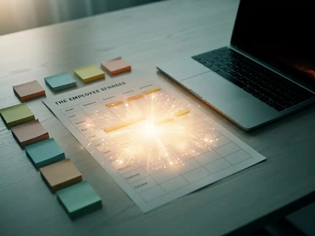 AI-gestuurde lichtprojectie over een wekelijks roosterschema op papier, met laptop en kleurgecodeerde plaknotities voor personeelsplanning.