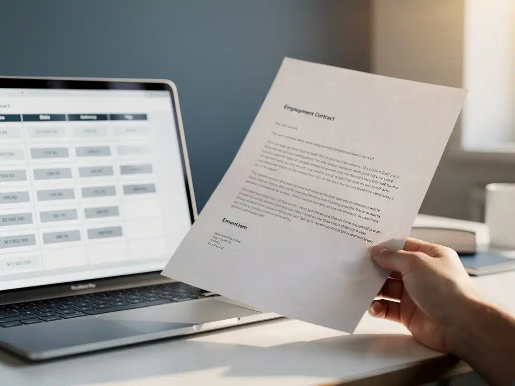 Hand met arbeidscontract naast laptop met roosterplanning, kantooromgeving in warme ochtendlicht.