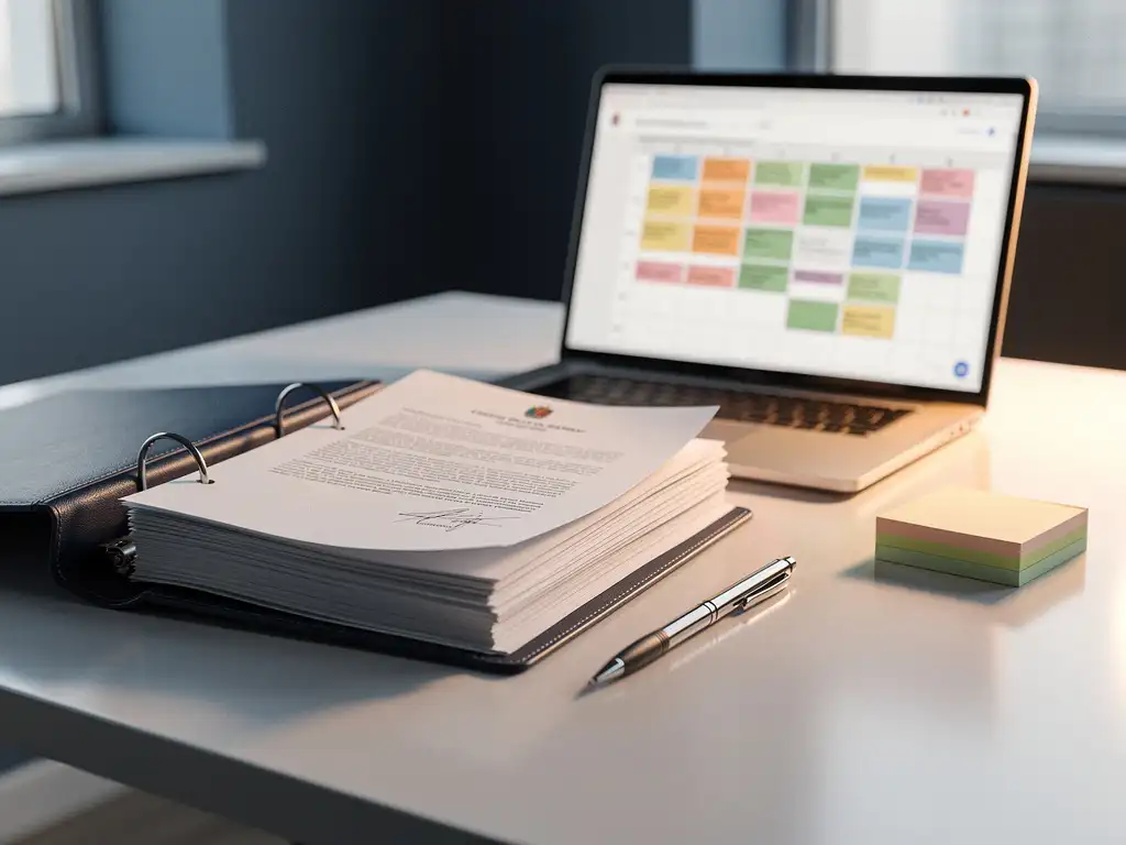 Open arbeidsovereenkomst naast laptop met kleurgecodeerd personeelsrooster op modern bureau, mechanisch potlood en sticky notes erbij.