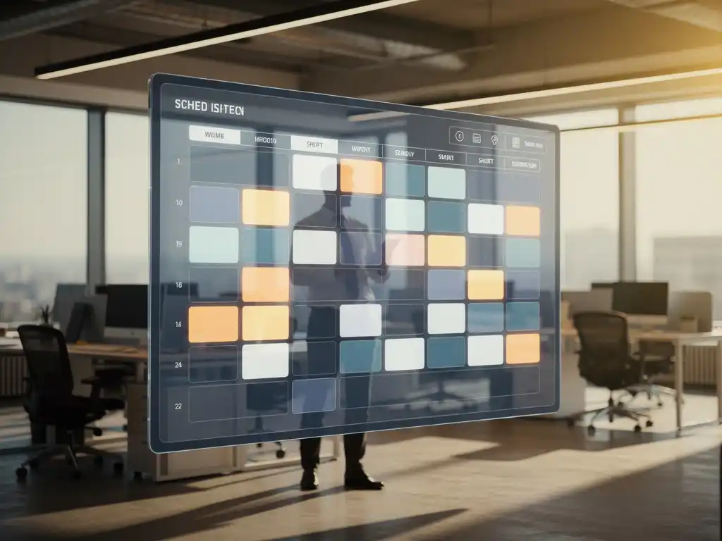 Digitaal planningsbord met gloeiende dienstvakken boven modern kantoor, consultant op de achtergrond in zachte focus.